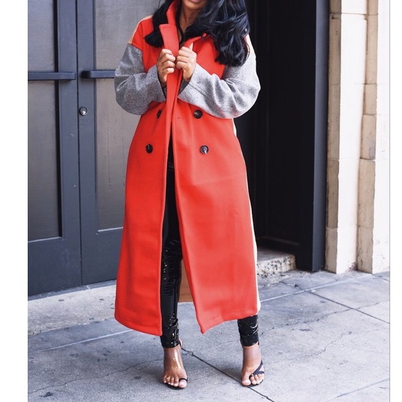 Wool Coat. Color block Coat. Orange Coat. - Picture 2 of 4